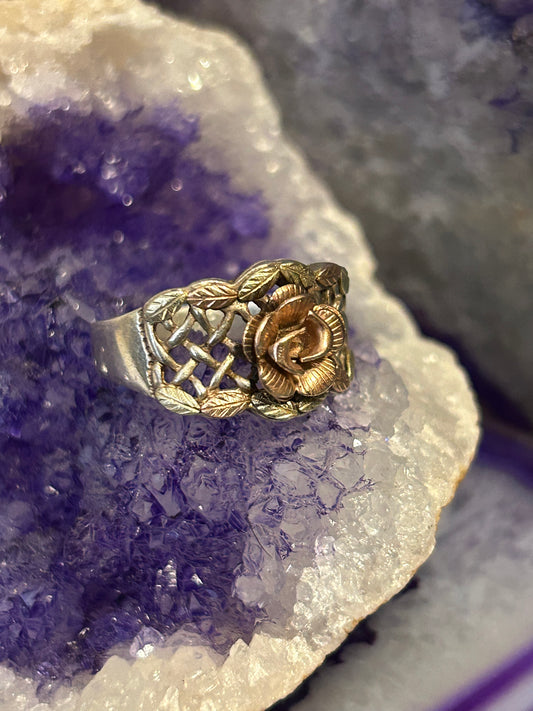 Vintage Coleman Co CCO Black Hills Gold 12K 3D Rose & Leaf Sterling Ring • Size 8