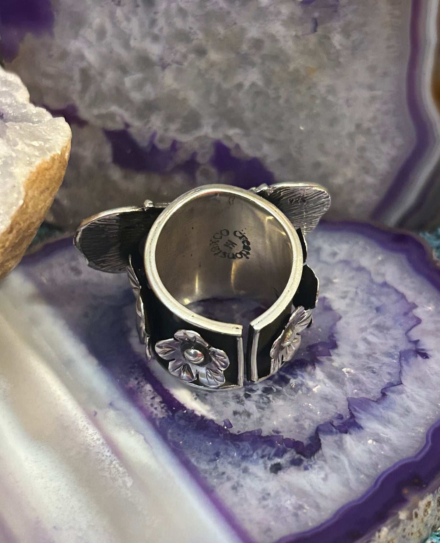 Taxco Mexico 950 Silver Insect Moth & Flowers Statement Ring Size 7.5-9.5