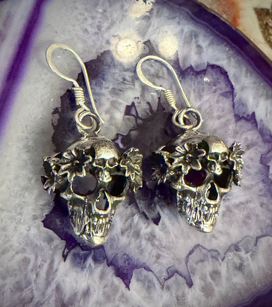 Sterling Silver Modern Taxco Mexico Skull W/ Flowers Dangle Earrings