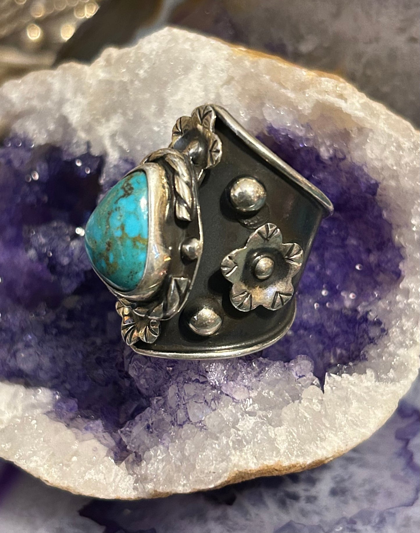 Sterling Silver Taxco Mexico Turquoise & Flowers Wide Band Statement Ring Sz 7-9