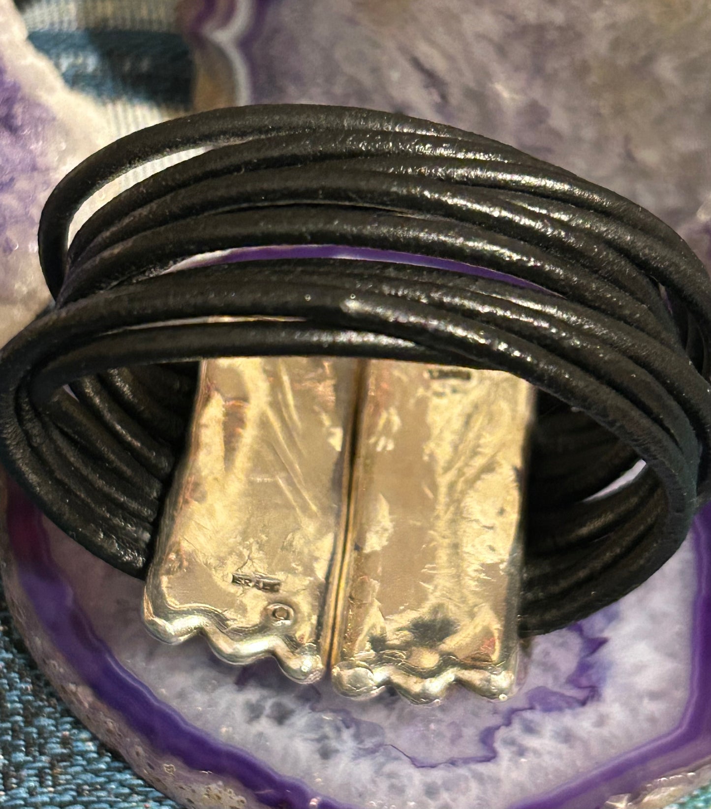 Vintage Chunky Electroformed Sterling Silver & Leather Modernist Bracelet