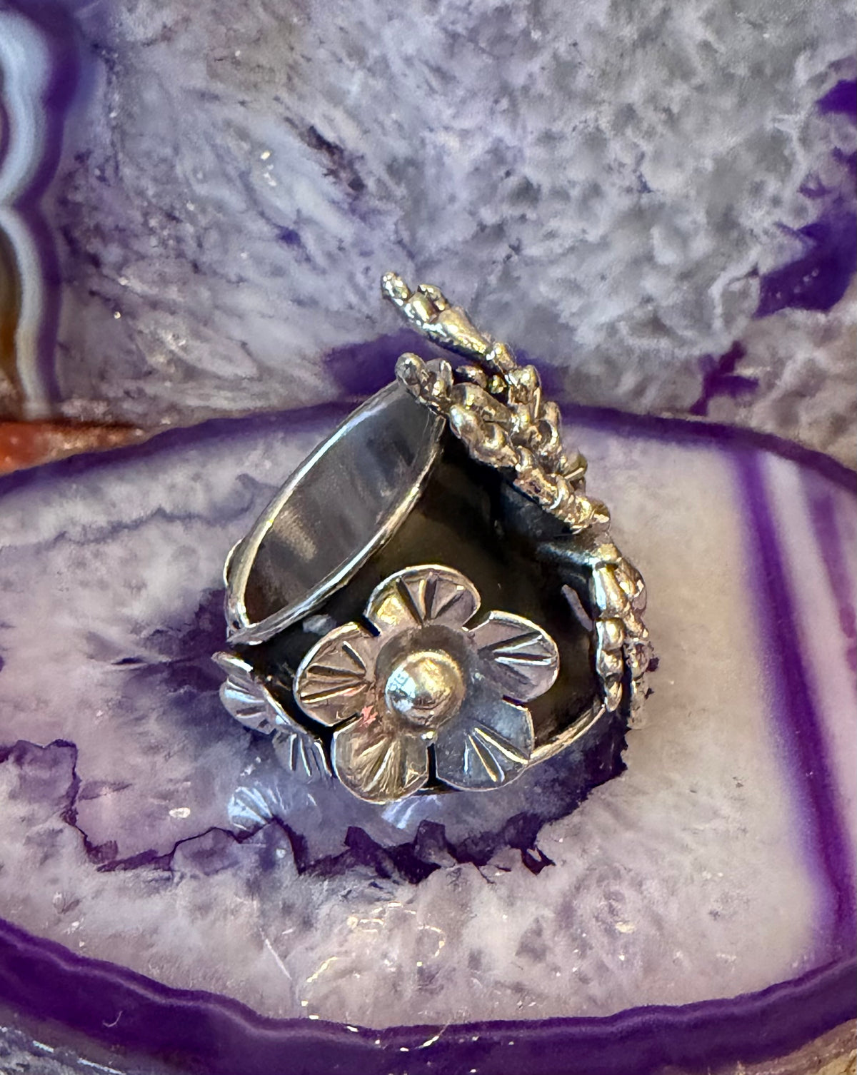 Taxco Mexico Sterling Silver Tarantula Spider & Flowers Ring • Size 7-9