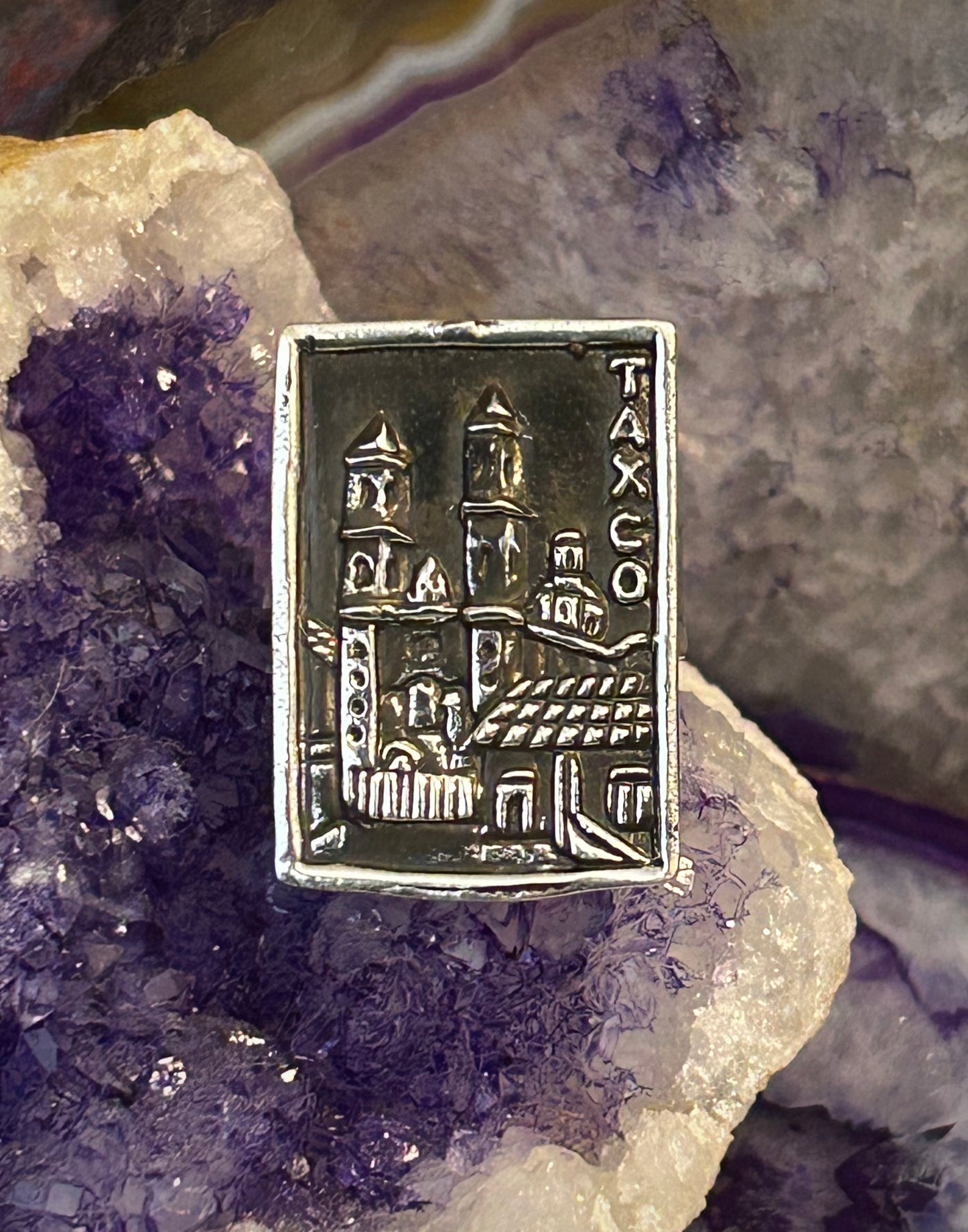 Sterling Silver Modern Taxco Mexico “TAXCO” City Scene Loteria Card Ring