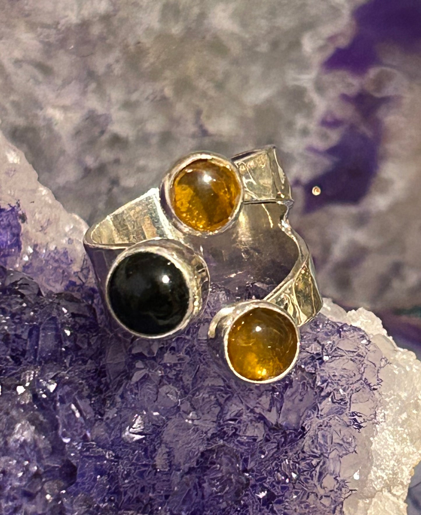Sterling Silver Made In Taxco Mexico Bypass Ring With Onyx And Amber Size 7-8