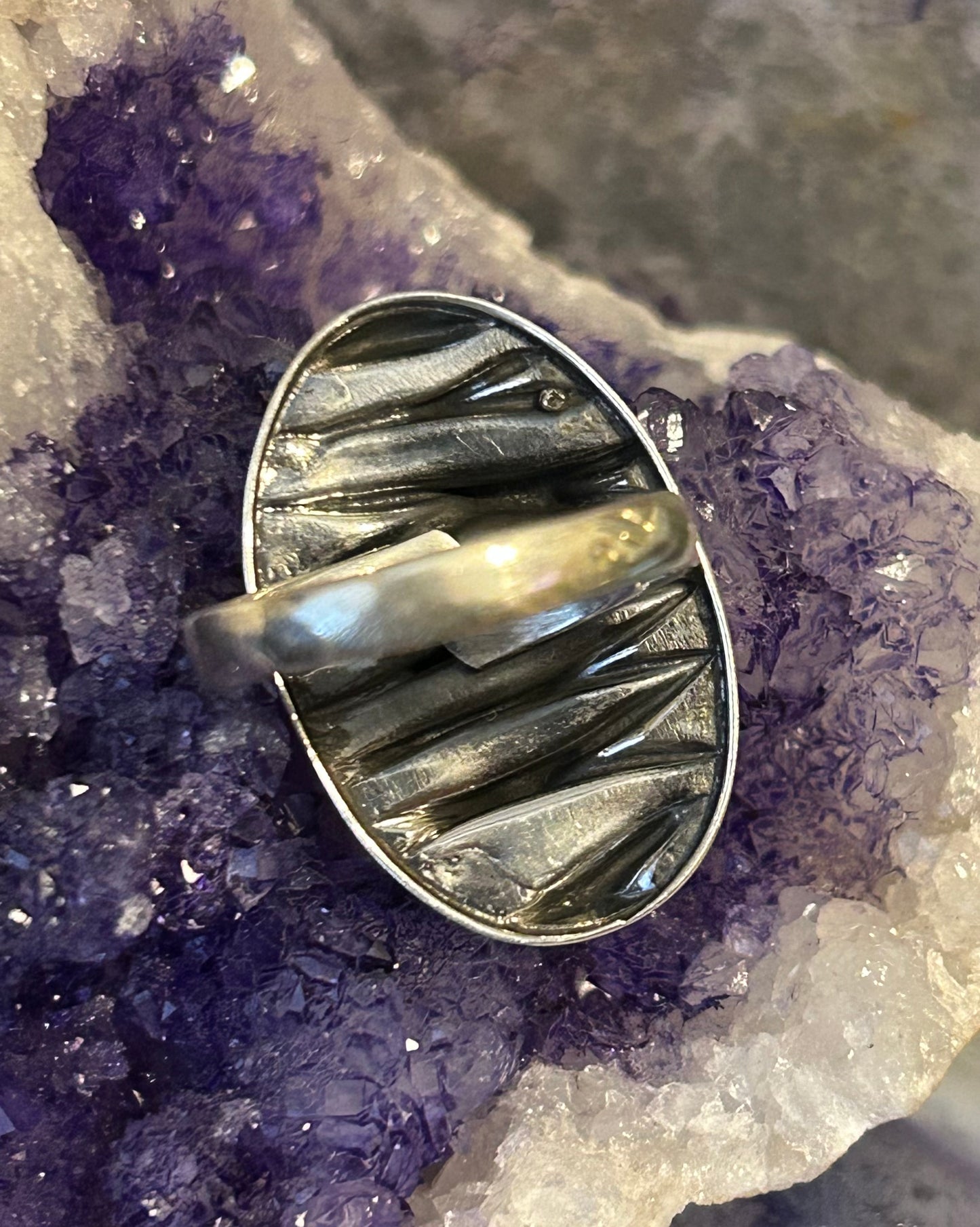 Sterling Silver Taxco Mexico Wavey Oval Adjustable Ring