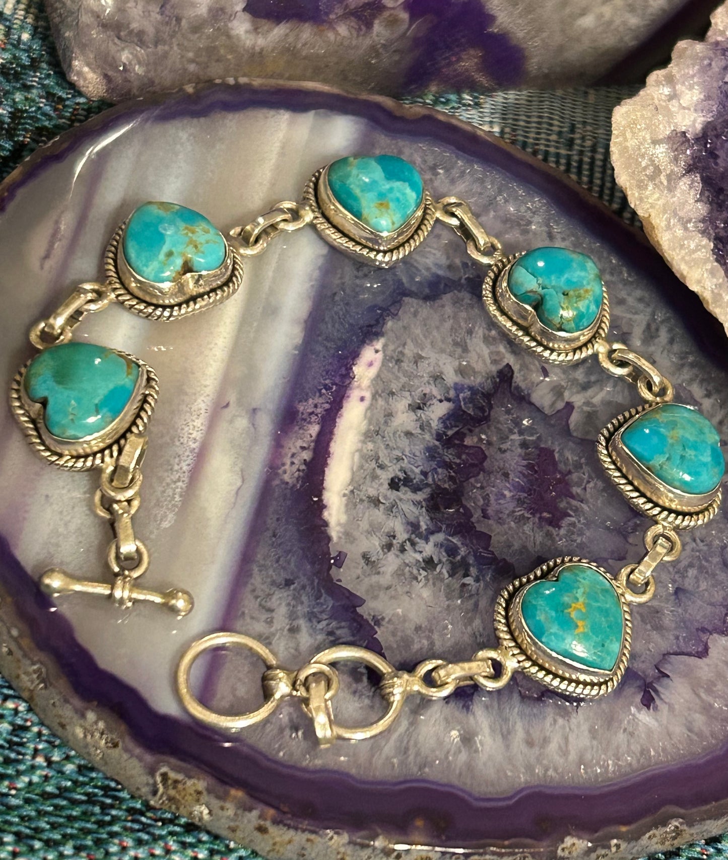 Sterling Silver & Turquoise Stone Heart Link Bracelet