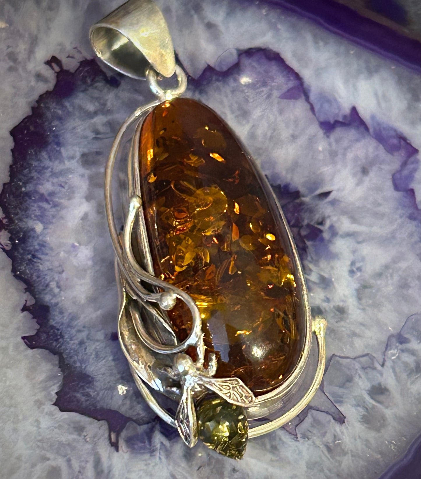 Sterling Silver And Natural Baltic Amber Pendant W/ Fly Insect