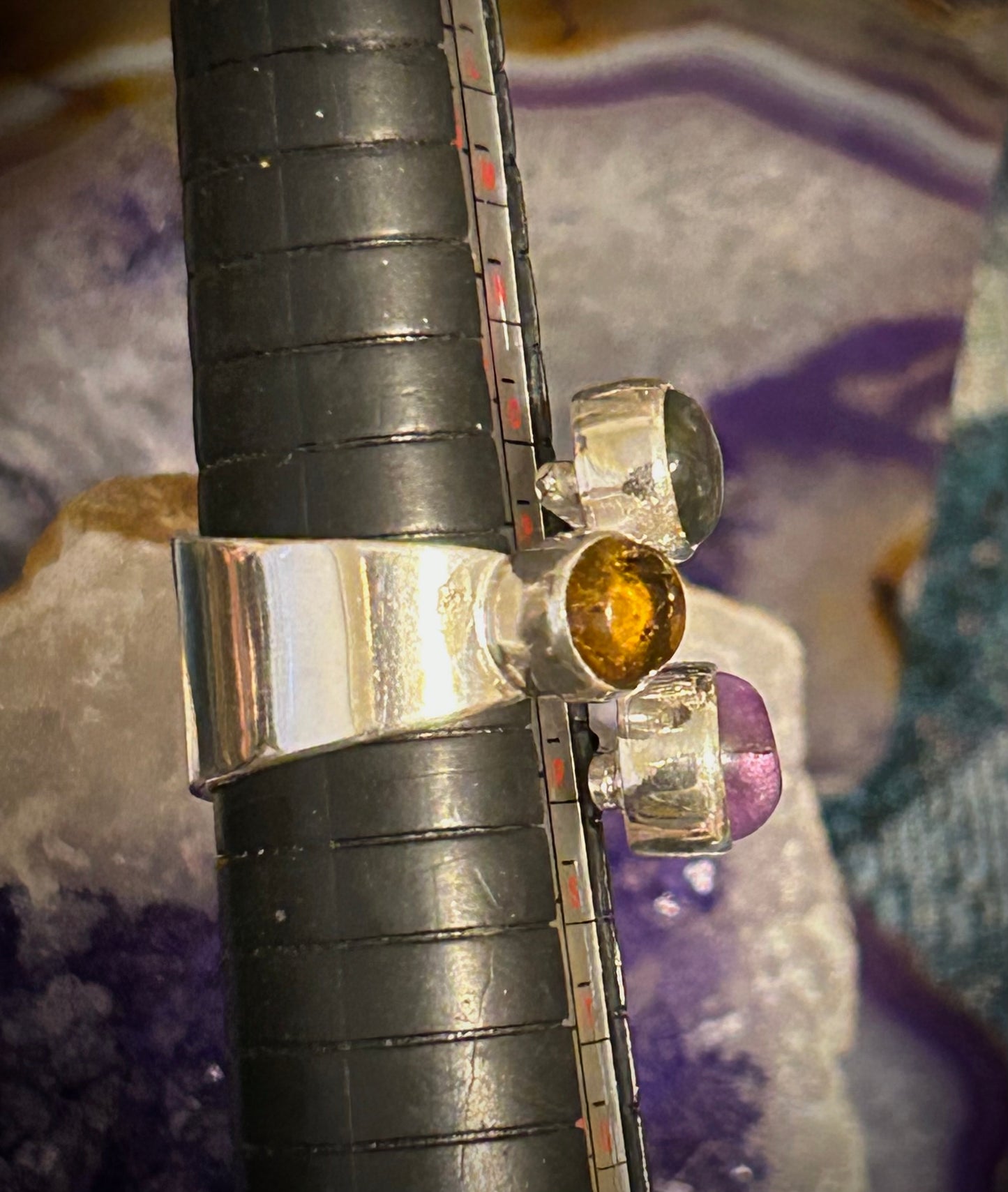 Sterling Silver Made In Taxco Mexico Bypass Ring w/ Amber, Amethyst, and labradorite stones • Size 7-8