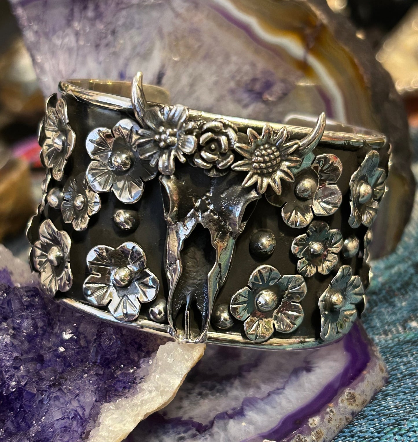 Taxco Mexico Sterling Silver Flower & Bull Skull Statement Cuff Bracelet