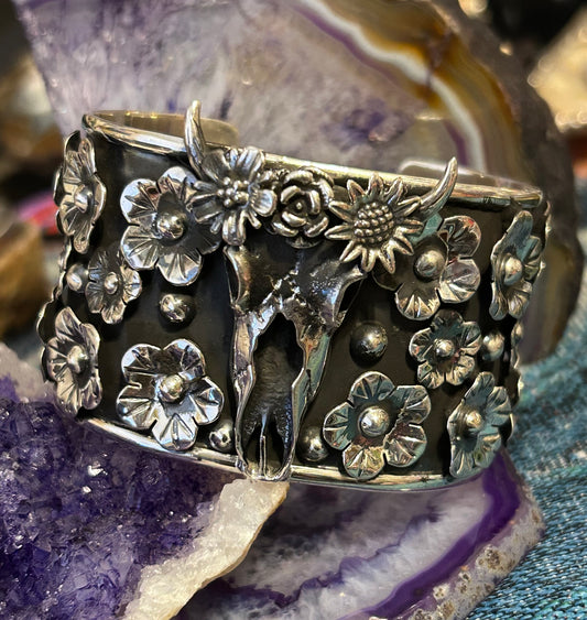 Taxco Mexico Sterling Silver Flower & Bull Skull Statement Cuff Bracelet