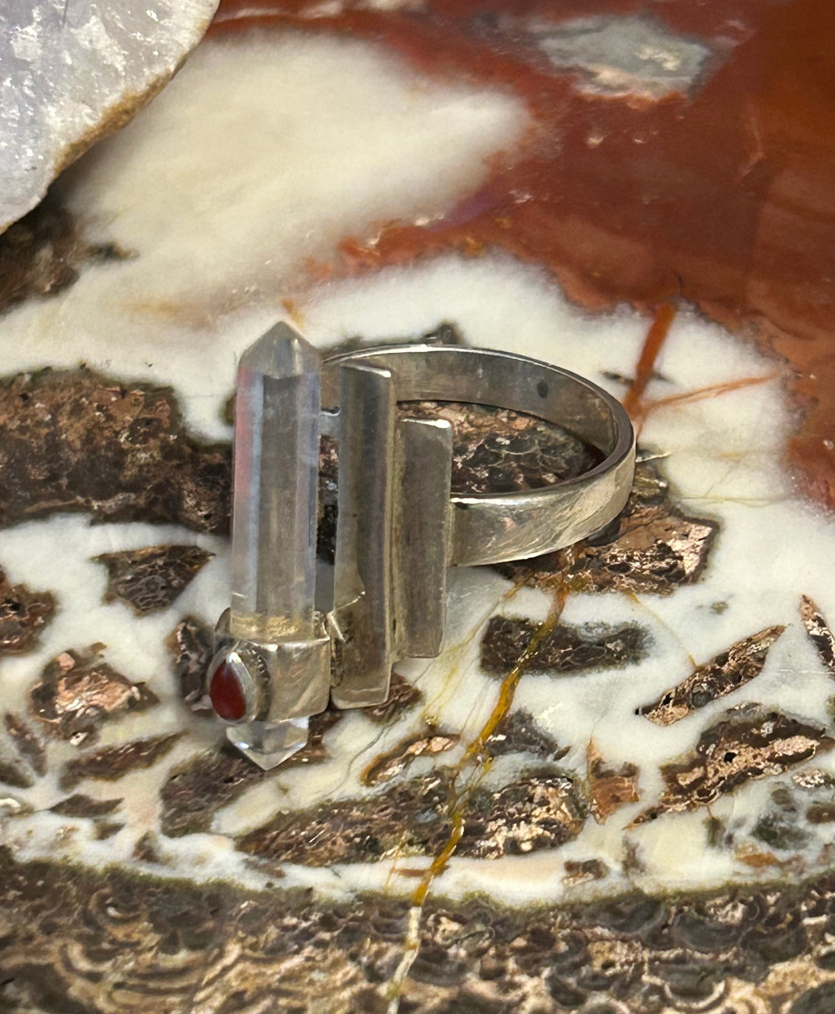 Vintage Estate Sterling Silver Crystal Point & Red Stone Ring Size 9