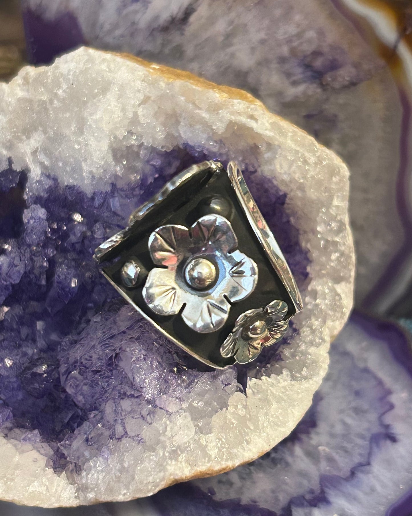Taxco Mexico 950 Silver Insect Moth & Flowers Statement Ring Size 7.5-9.5
