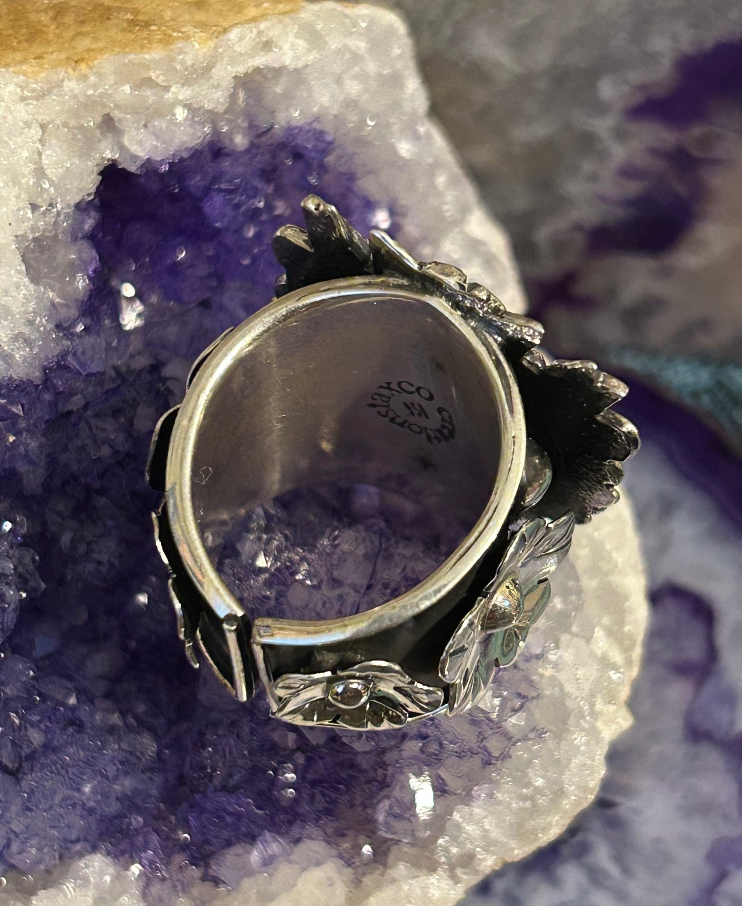 950 Silver Taxco Mexico Seeing Eye Heart W/ Rose And Birds Size 8-10