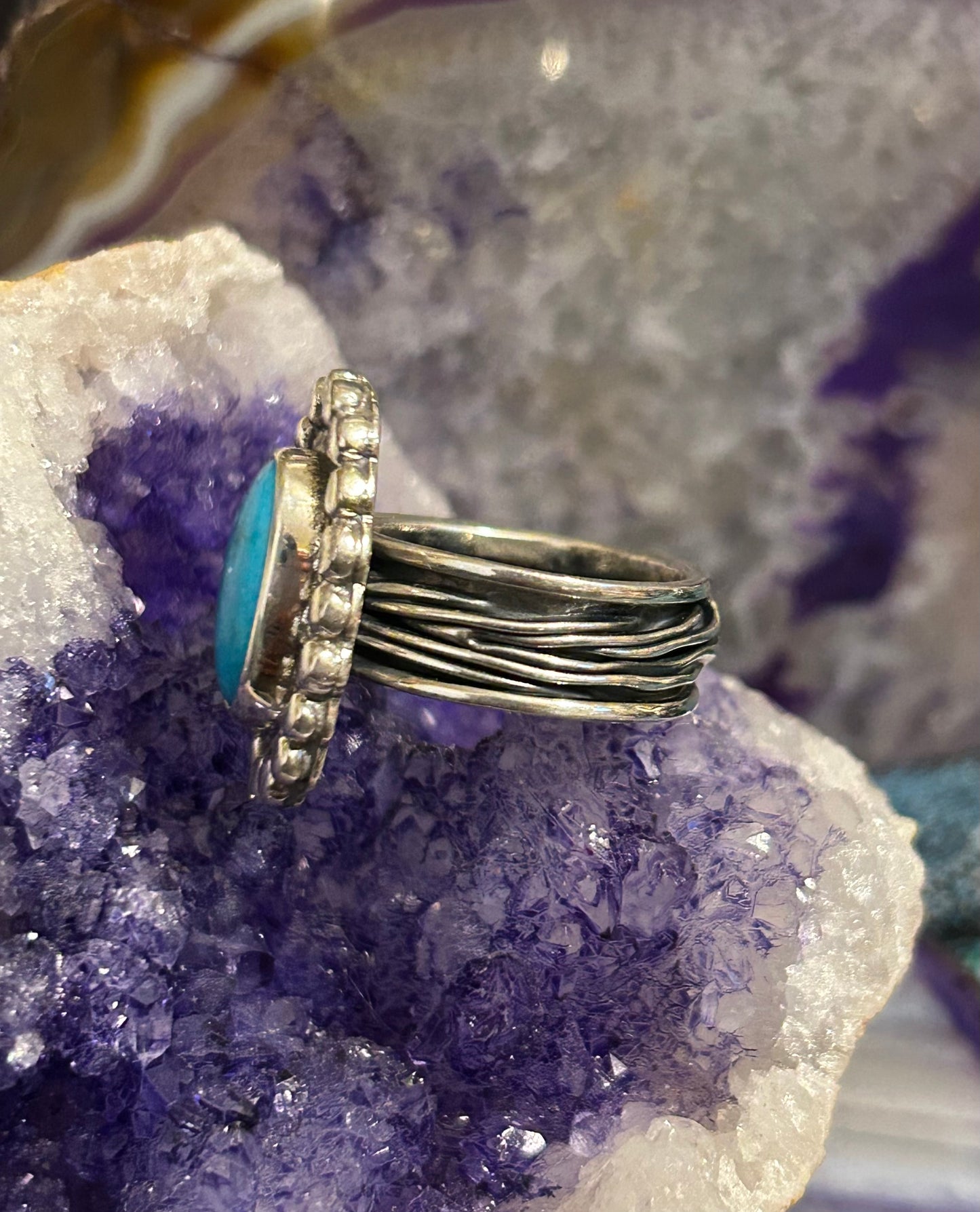 Sterling Silver Taxco Mexico Oval Turquoise Wide Wavy Band Ring Size 8