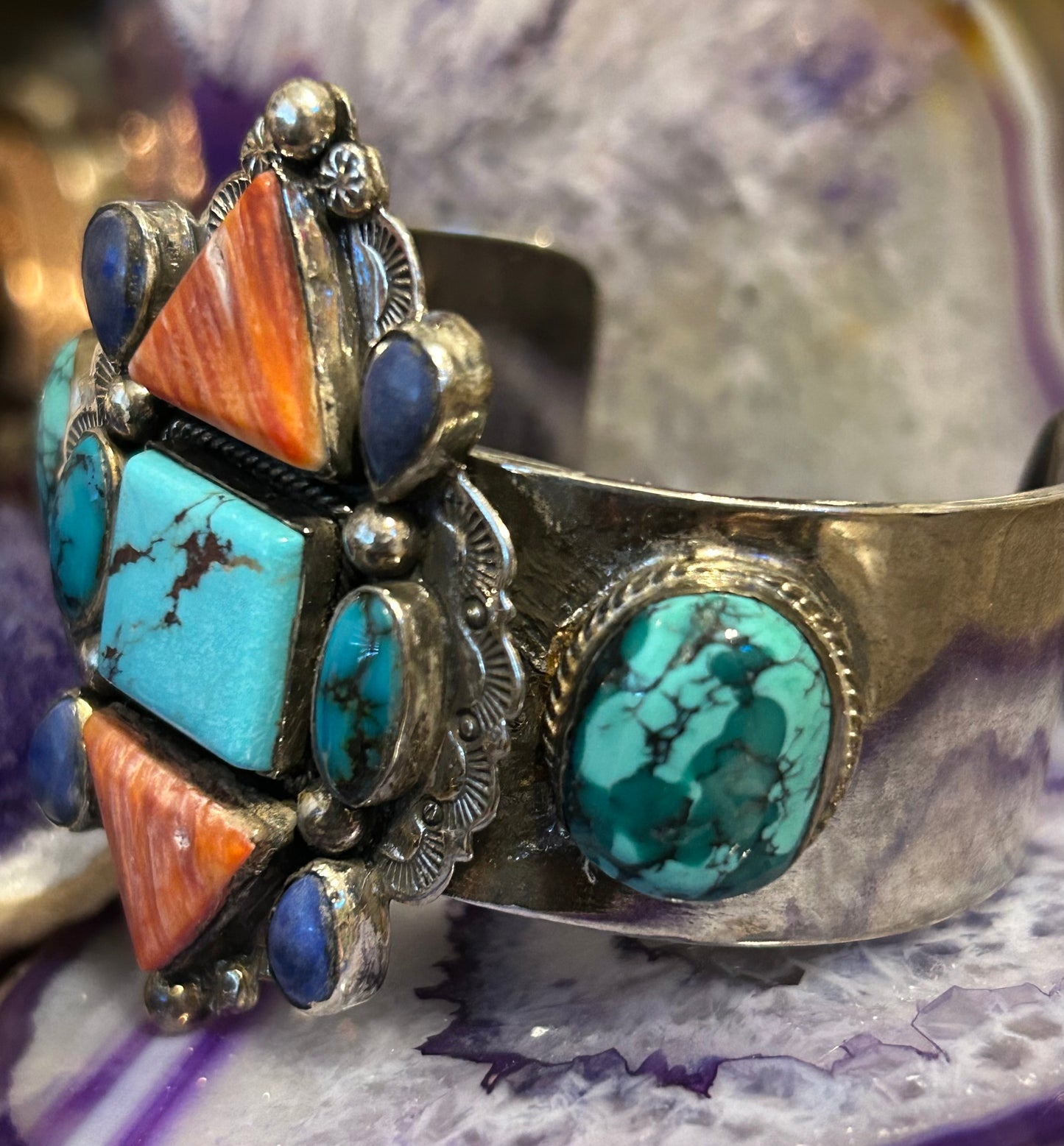 Sterling Silver Handmade Turquoise Spiny Oyster Multi-Stone Large Cuff Bracelet