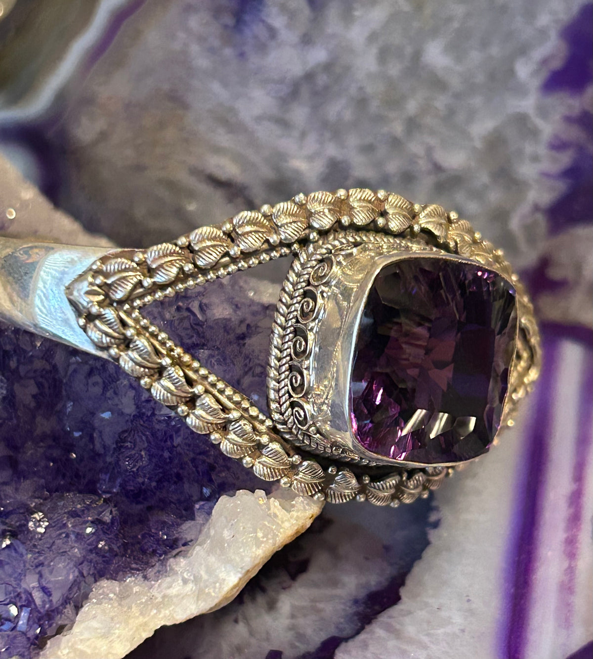 Sterling Silver Bali Large Amethyst Stone Cuff Bracelet