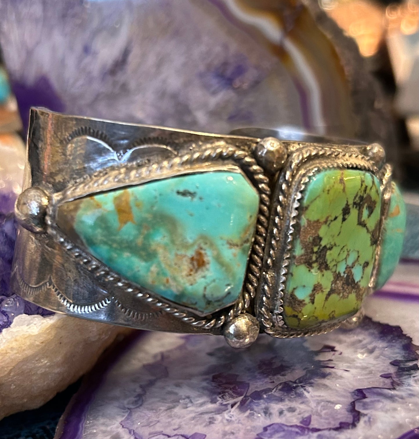 Vintage Sterling Silver Triple Stone Turquoise Statement Cuff Bracelet