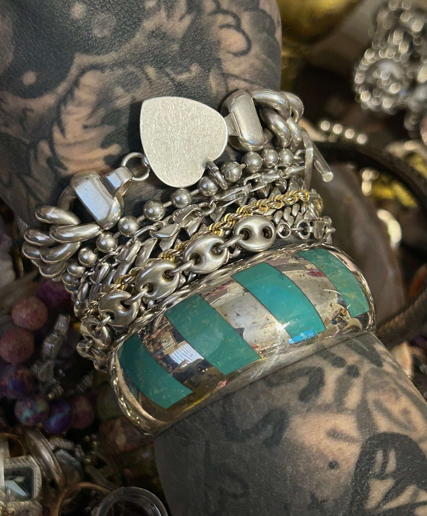 Vintage Sterling Silver Taxco Mexico Heavy Turquoise Inlay Cuff Bracelet
