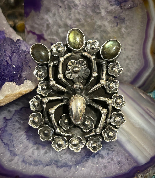 950 Silver Taxco Mexico Large Spider W/ Labradorite & Flowers Sz 7-8.5