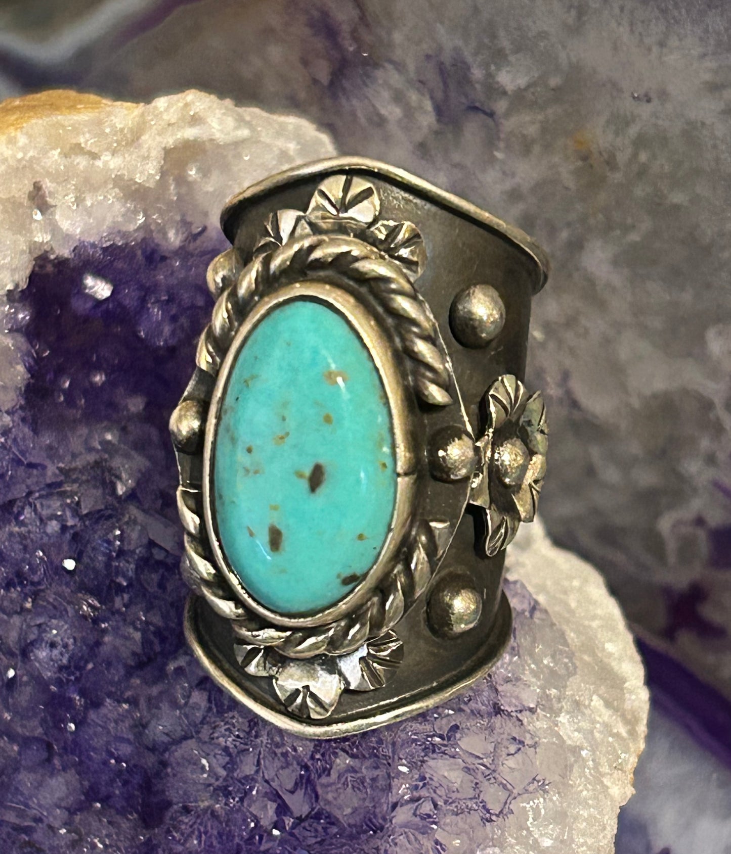 Sterling Silver Taxco Mexico Turquoise & Flowers Wide Band Statement Ring Sz 7.5