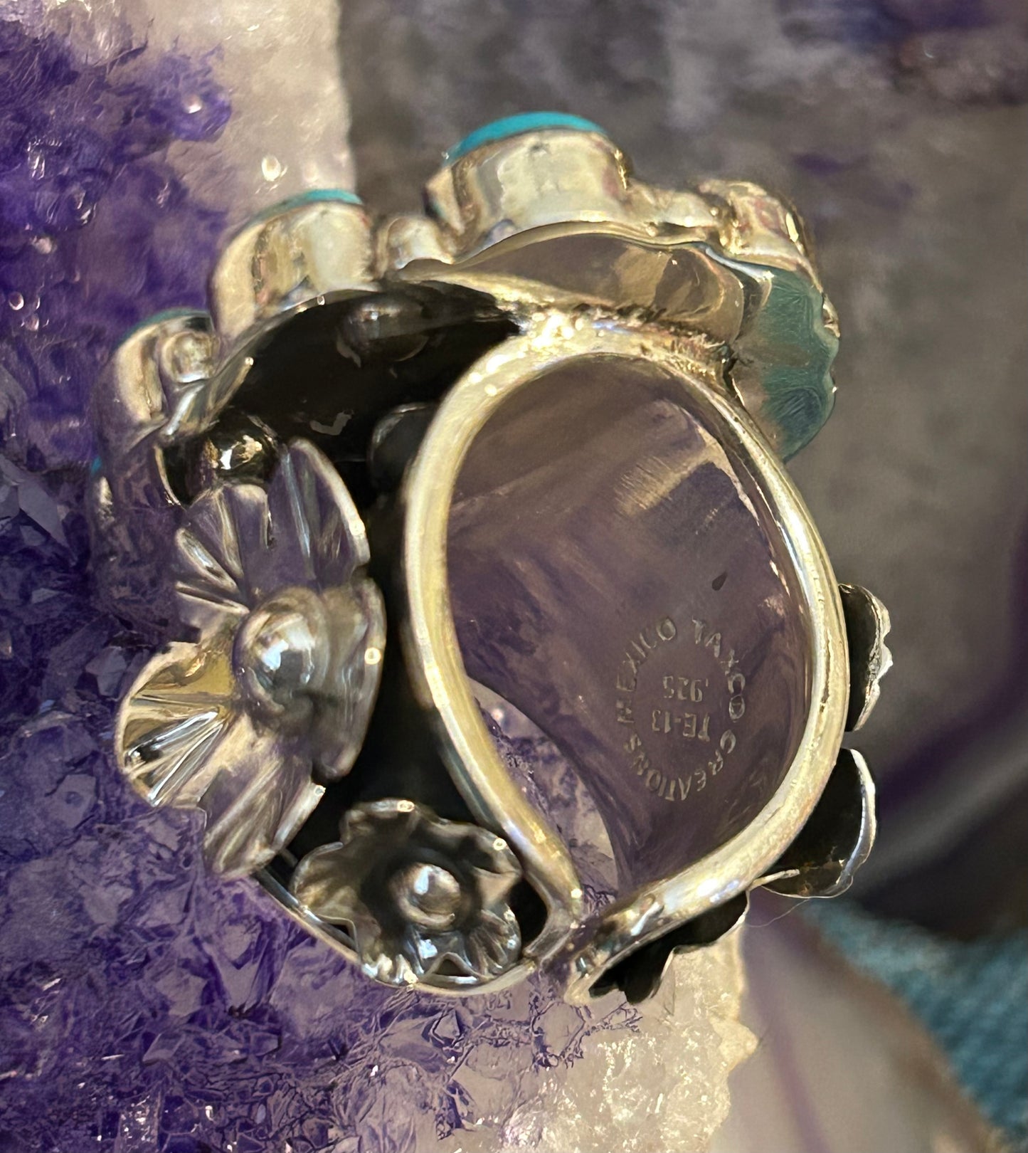 Sterling Silver Taxco Mexico Turquoise & Spiny Oyster W/ Flowers Statement Ring (6.25-8)