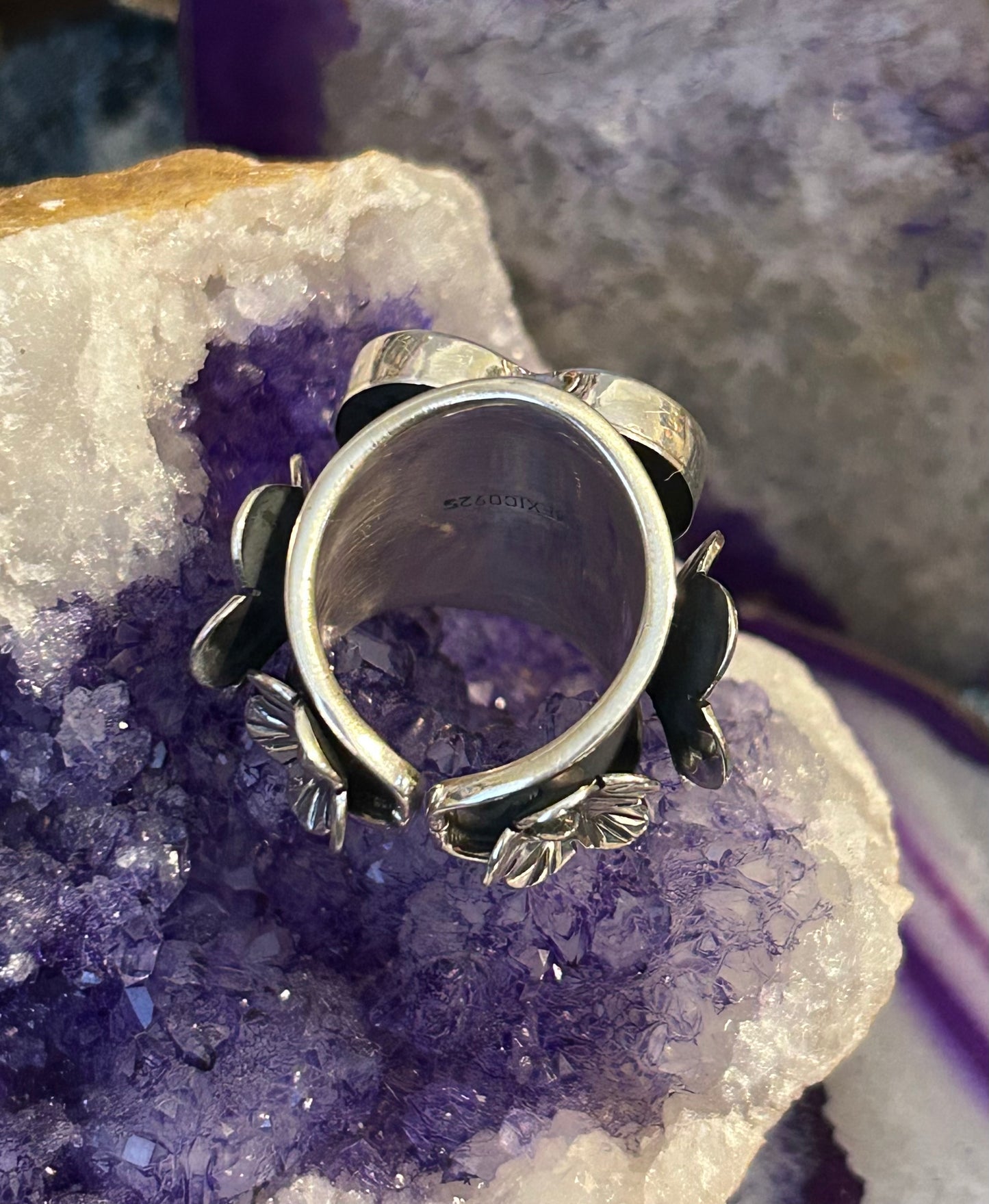 Taxco Mexico Sterling Silver Mother Of Pearl Heart & Flowers Ring Size 7-9