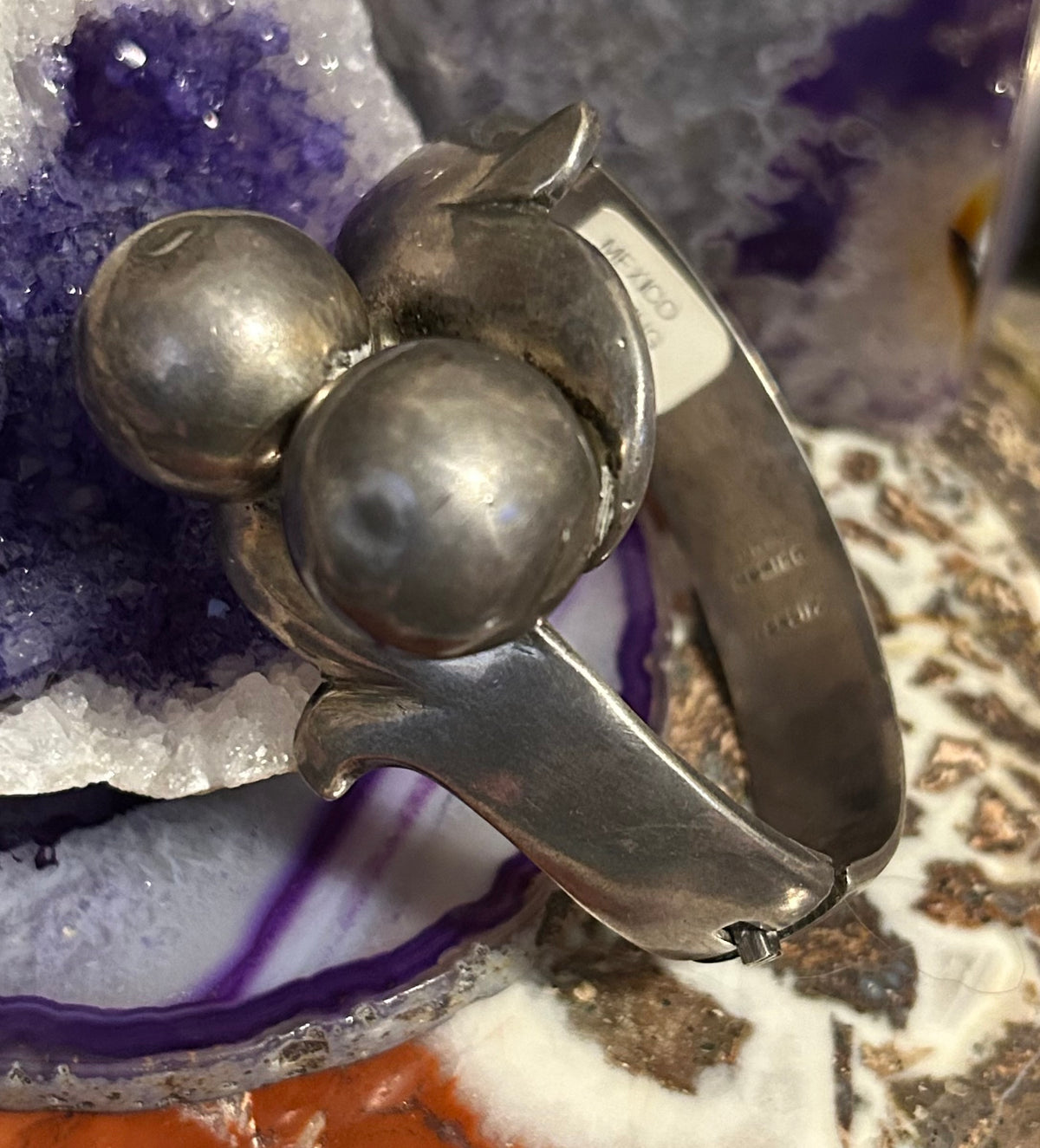 Vintage Mexico Sterling Silver Modernist Chunky Ball Hinge Bangle Bracelet