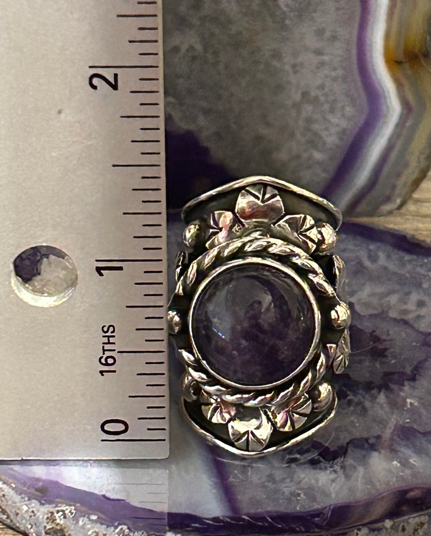 Sterling Silver Taxco Amethyst & Floral Statement Wide Band Ring • Size 7
