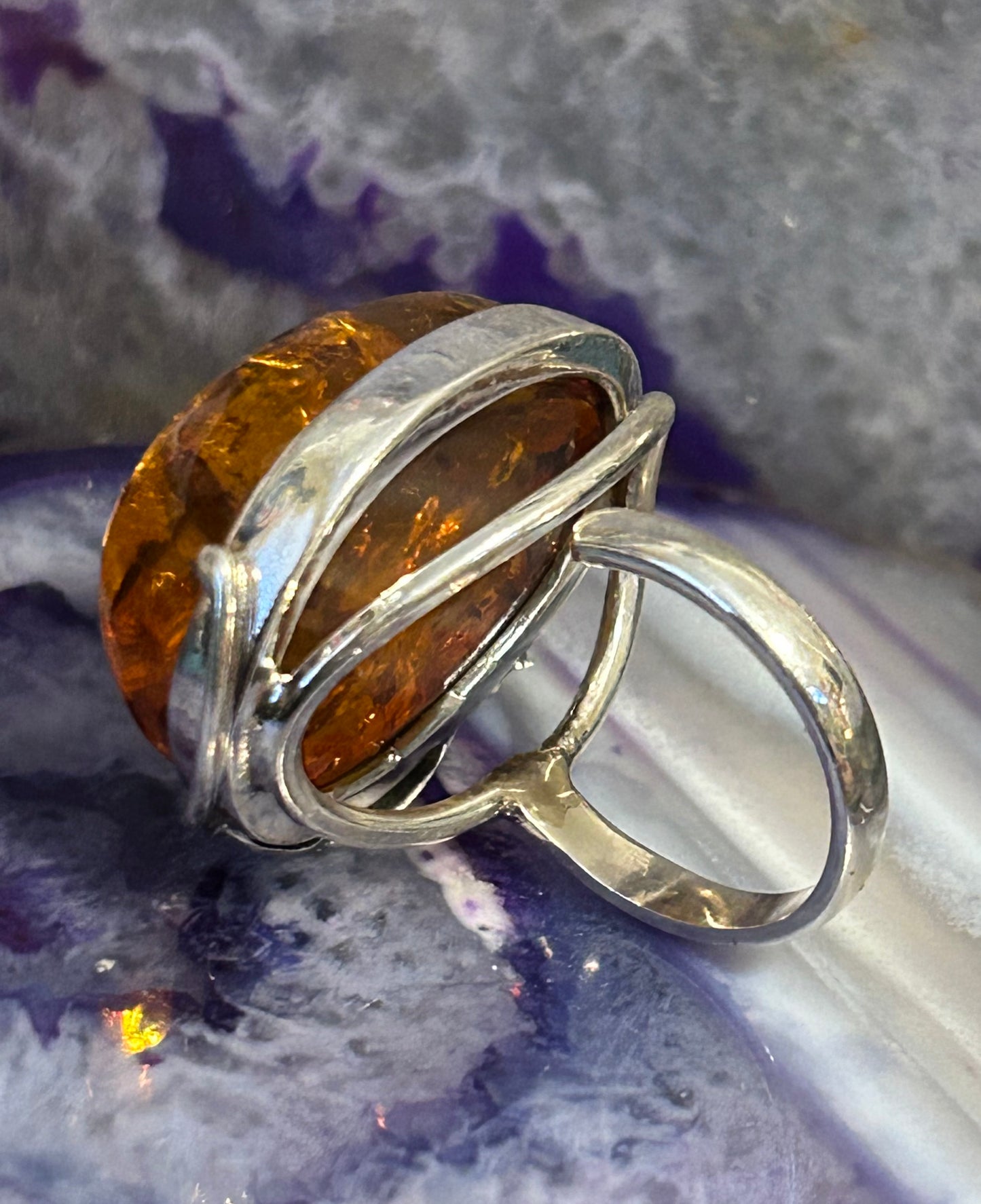 Sterling Silver w/ Large Natural Amber Stone & Turquoise Fly Ring Adjustable