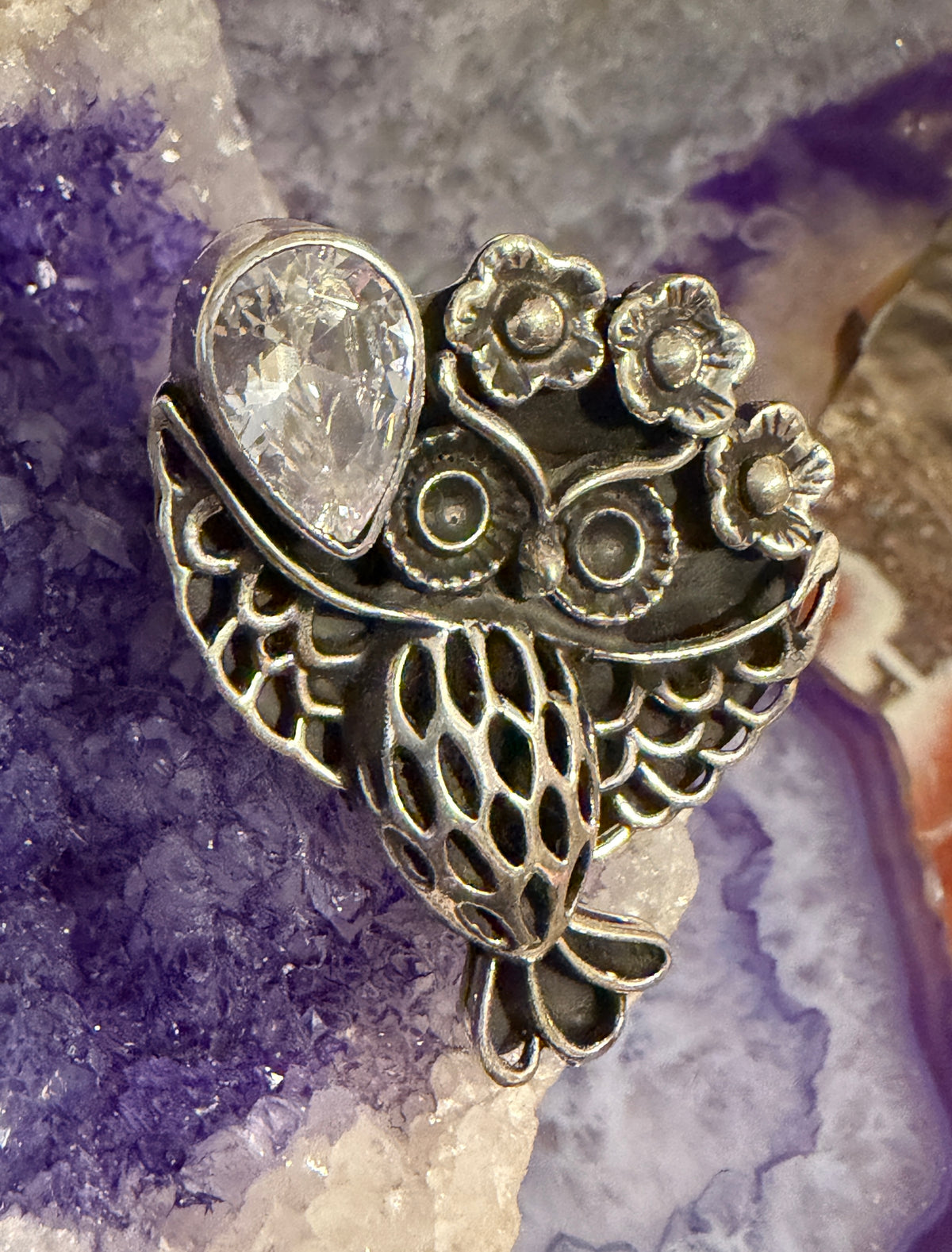 Sterling Silver Modern Taxco Mexico Owl Ring w/ Zircon Stone Ring