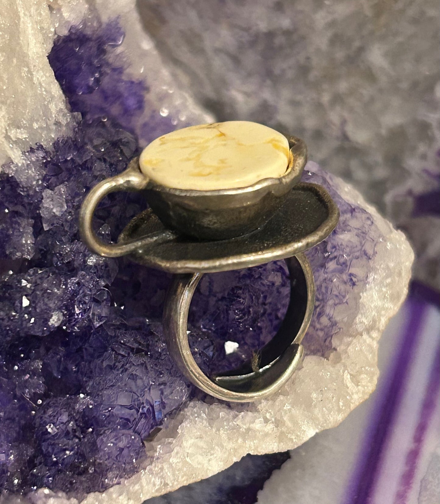 Sterling Silver And Butterscotch Amber Coffee Tea Cup Adjustable Ring