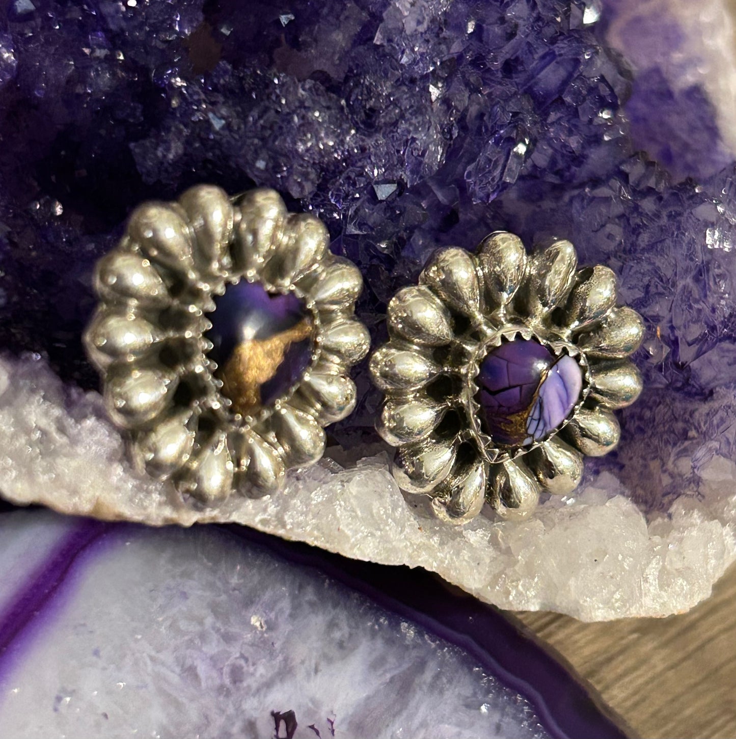 Southwestern Sterling Silver Violet Dahlia Turquoise Heart Earrings
