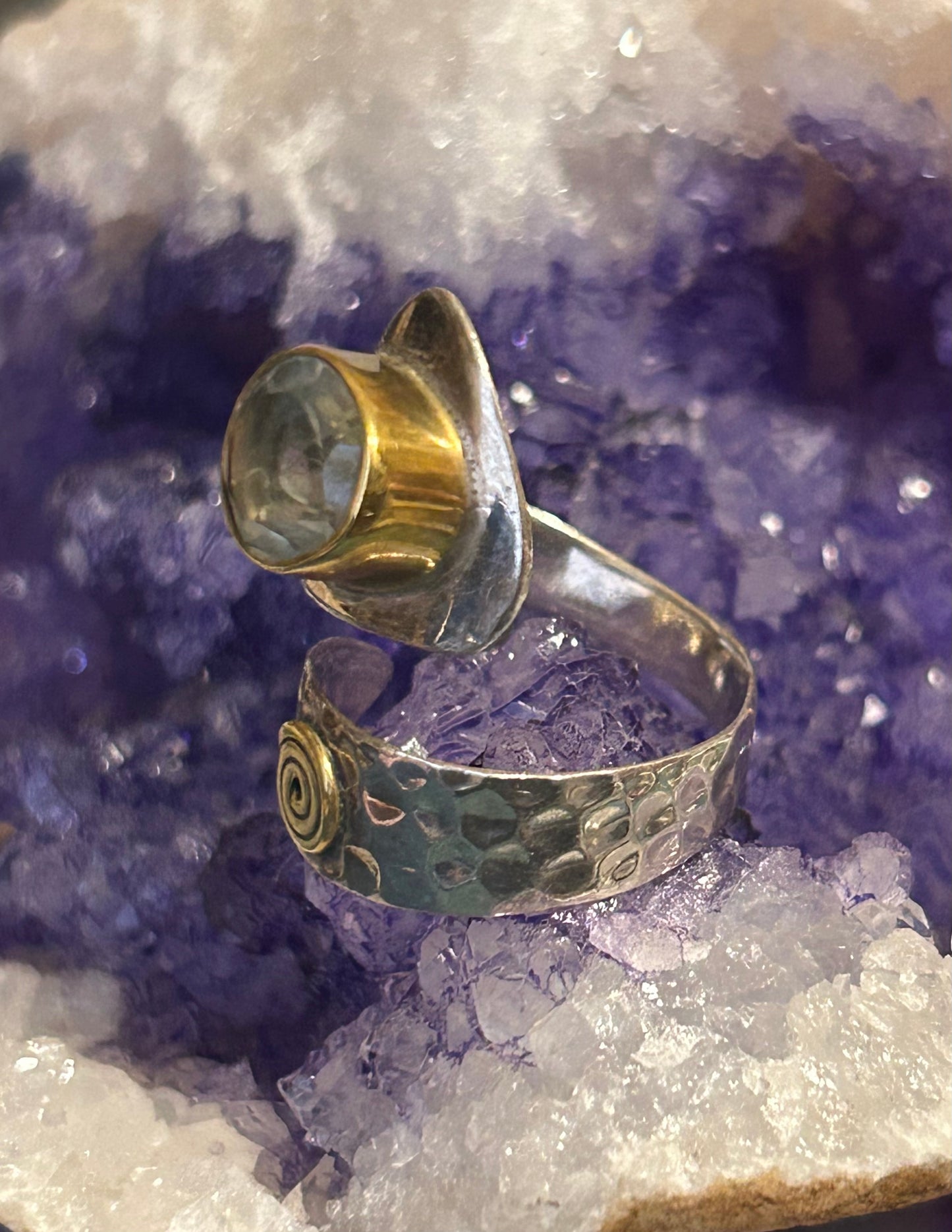 Sterling Silver 2-tone Hammered Bypass Ring w/ Green Amethyst
