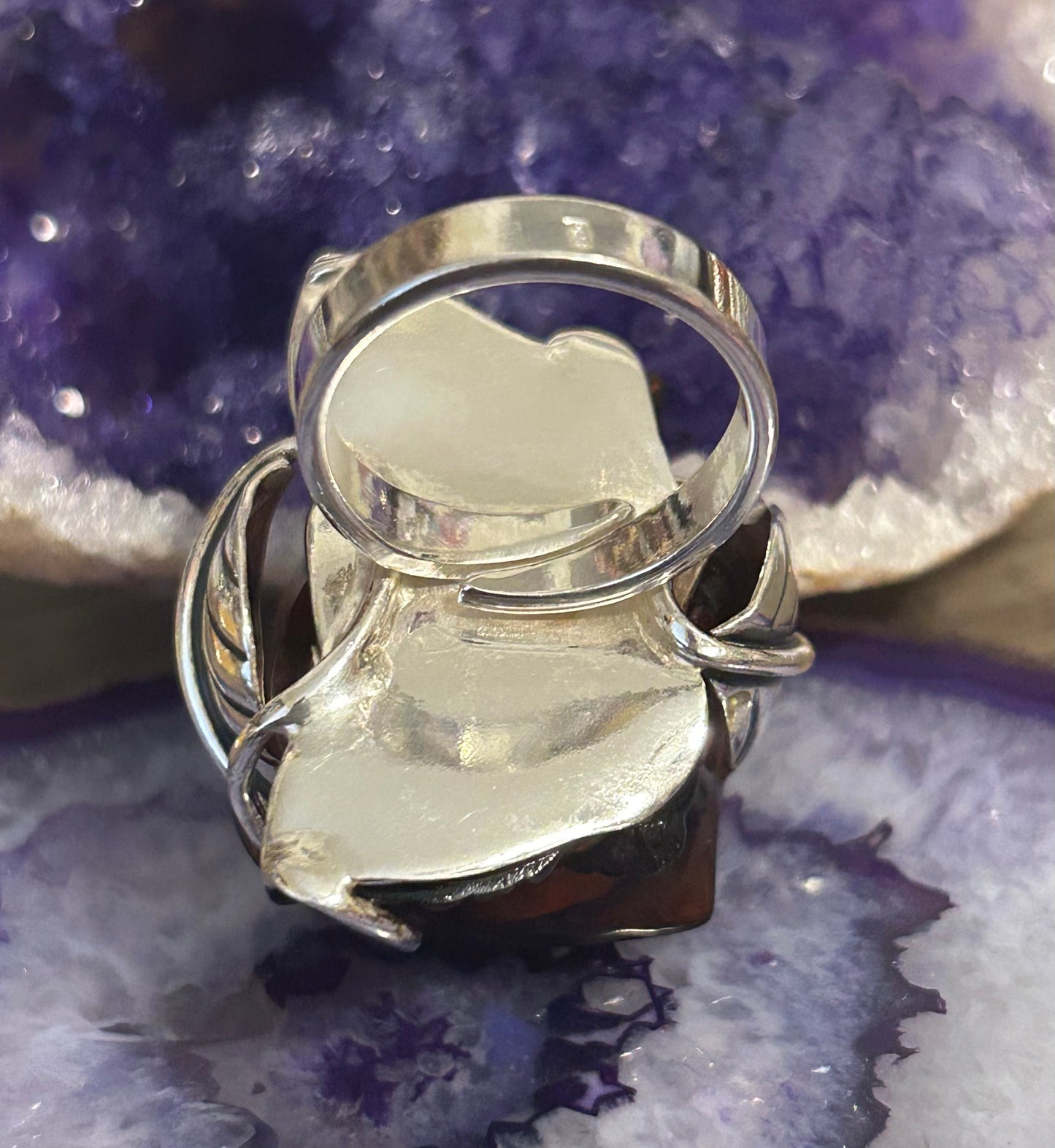 Sterling Silver Cherry Amber Big Rose Adjustable Ring