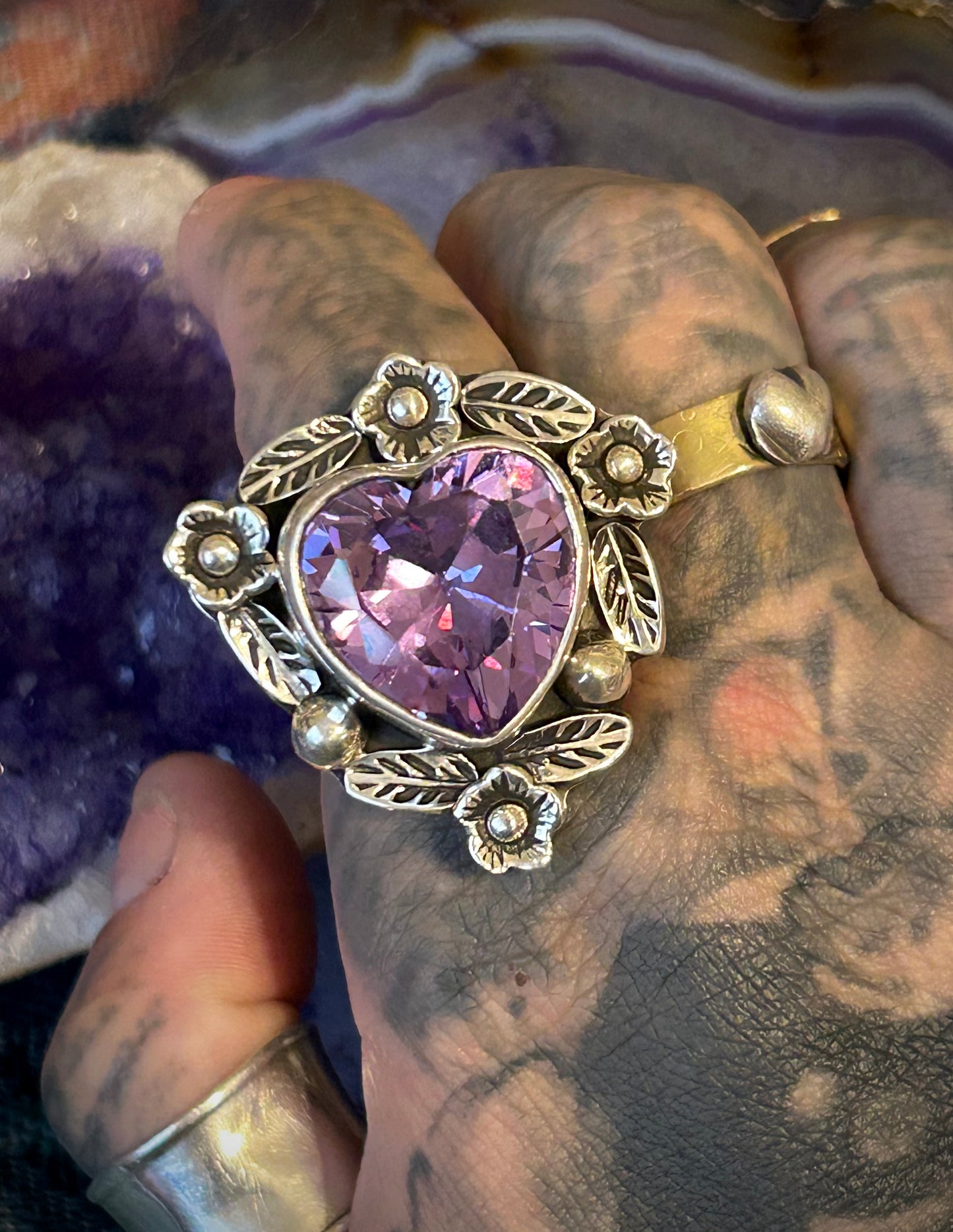 Taxco Mexico Sterling Silver Large Lavender Zircon Heart & Flowers Ring Adjustable