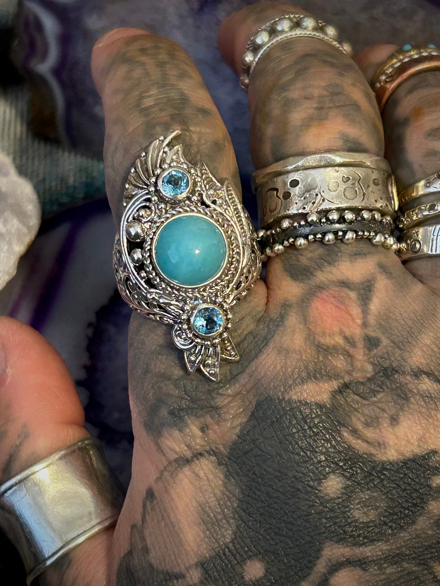 Sterling Silver SARDA Larimar & Blue Topaz Ornamental Statement Ring Size 7