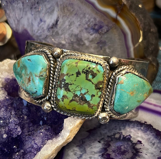 Vintage Sterling Silver Triple Stone Turquoise Statement Cuff Bracelet