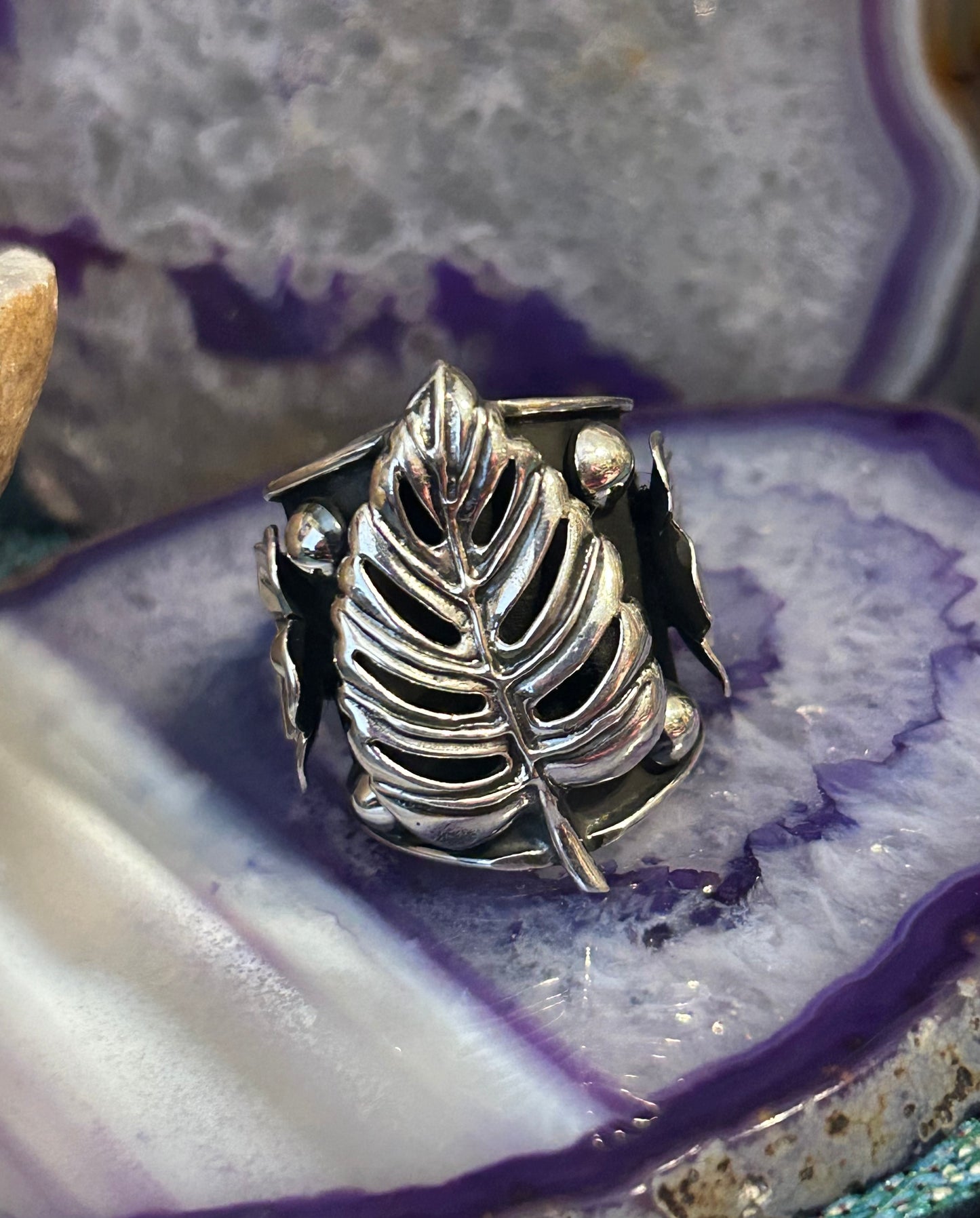 Taxco Mexico 950 Silver Monstera Leaf & Flowers Statement Ring Size 7-9