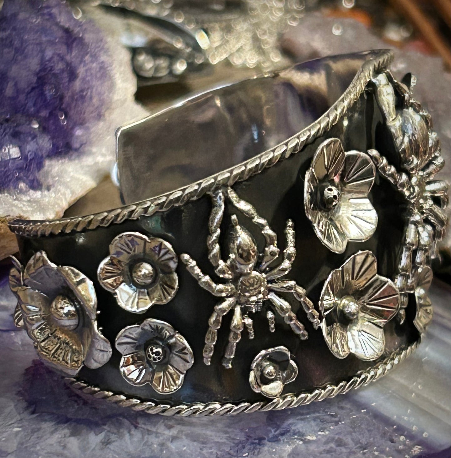 Sterling Silver Taxco Mexico Spider & Flower Cuff Bracelet