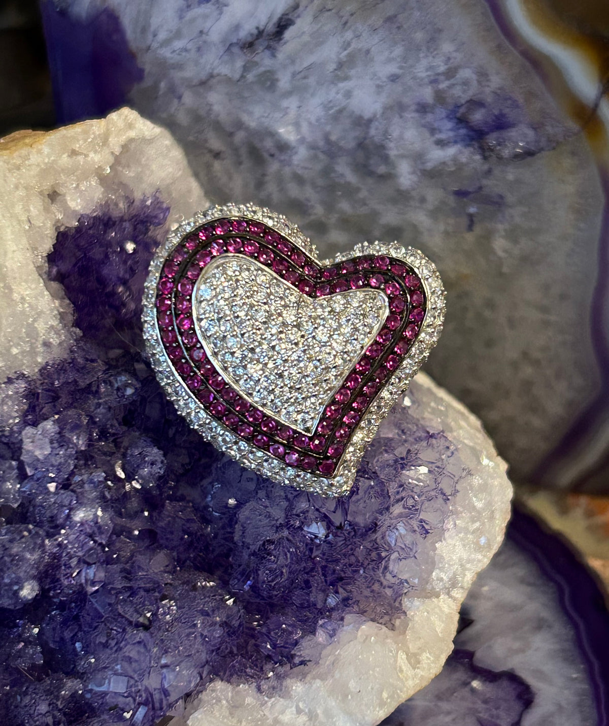 Sterling Silver Ruby & CZ Large Heart Ring Size 6.5