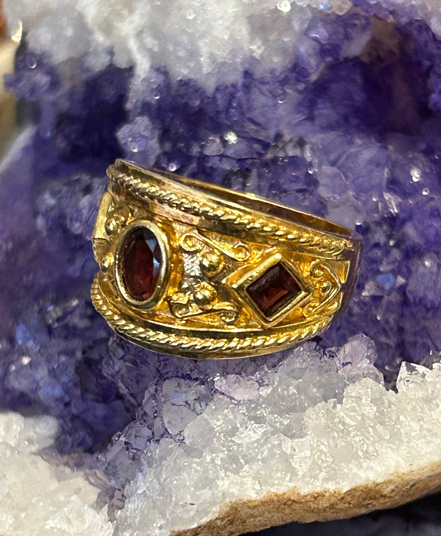 Vintage Sterling Silver Gold Vermeil Byzantine Style Ring • Size 8