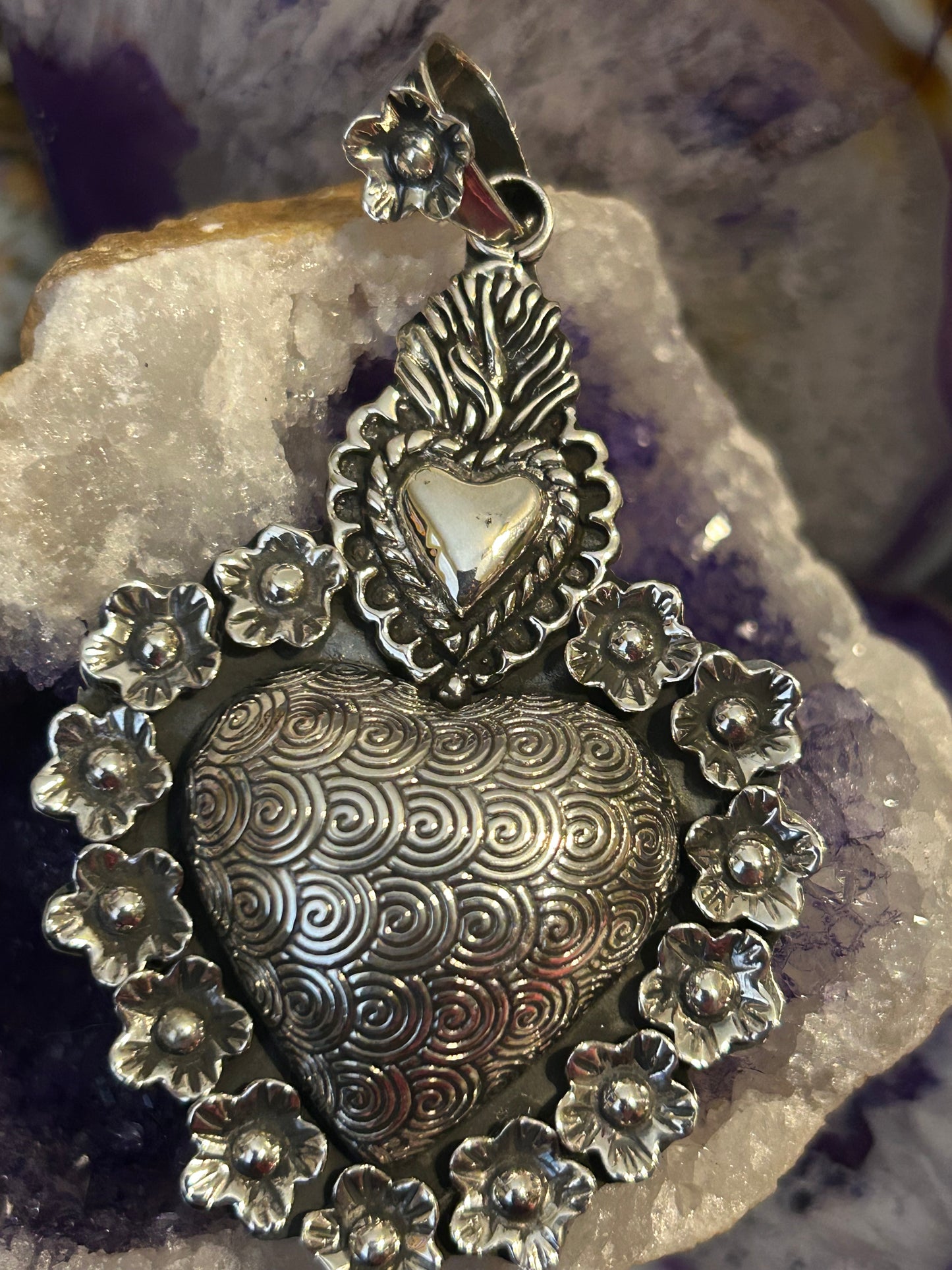 Sterling Silver Taxco Mexico Large Statement Heart w/ Swirls, Sacred Heart & Flowers Pendant
