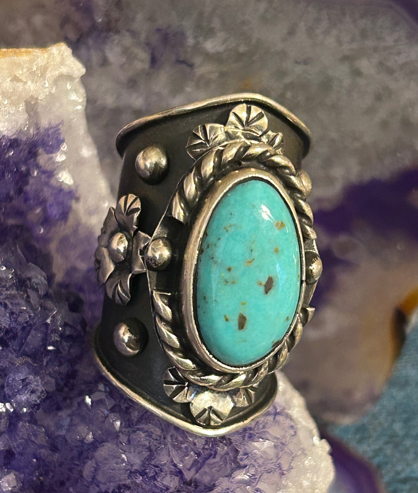 Sterling Silver Taxco Mexico Turquoise & Flowers Wide Band Statement Ring Sz 7.5