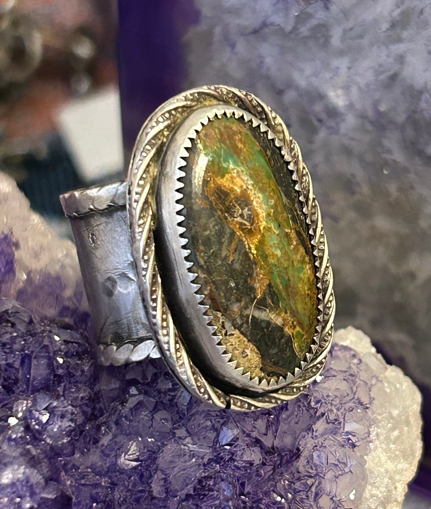 GUZ LOVE NO.103 • Sterling Silver & Blackjack Turquoise Wide Banded Ring • Size 7