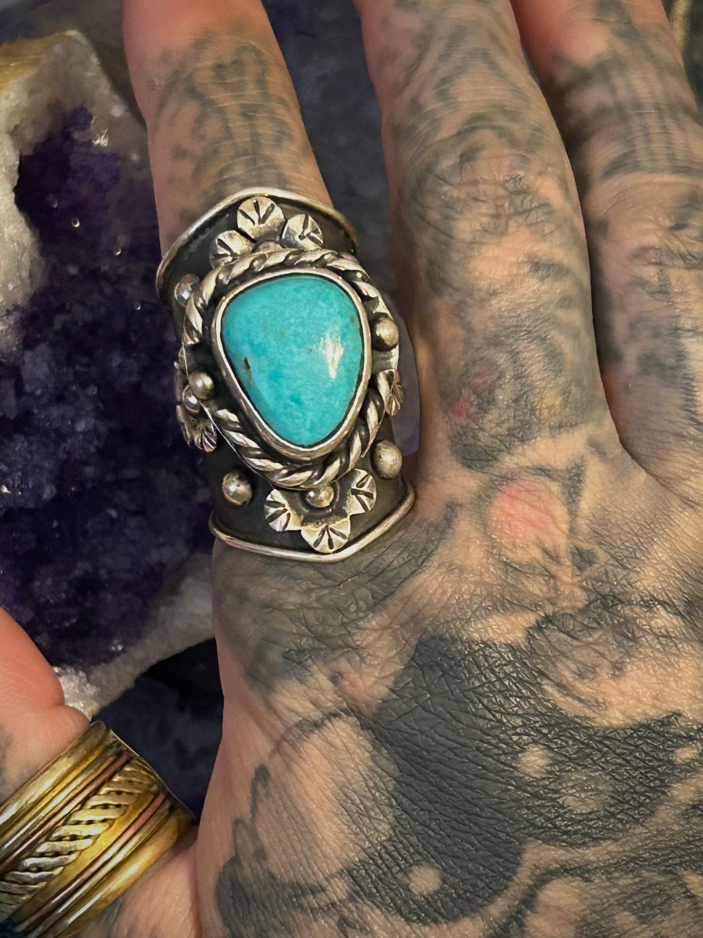 Sterling Silver Taxco Mexico Turquoise & Flowers Wide Band Statement Ring Sz 7