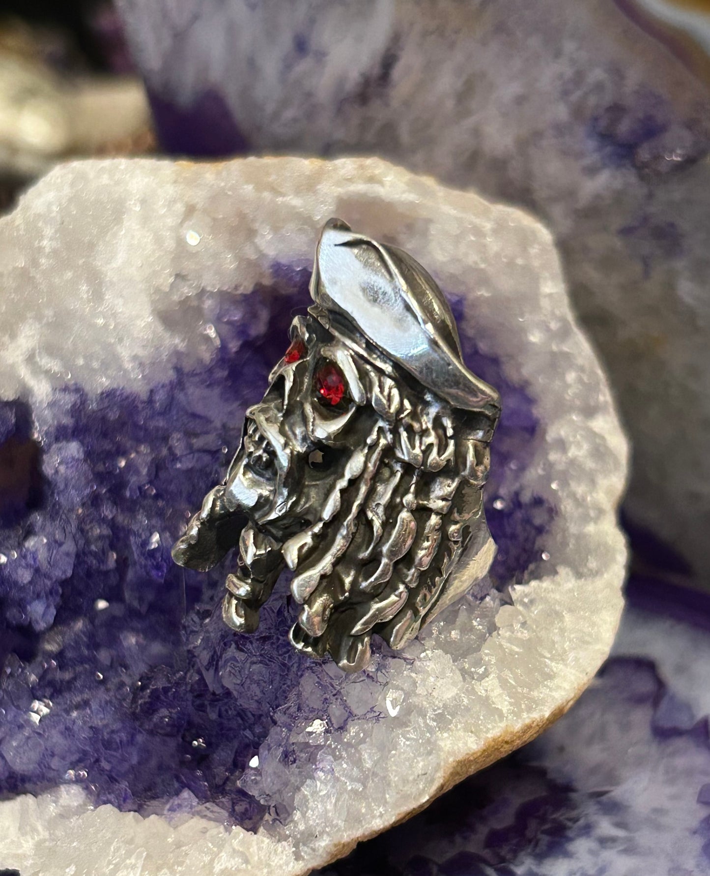 Sterling Silver Made In Taxco Skull Pirate Ring With Rubies • Size 7