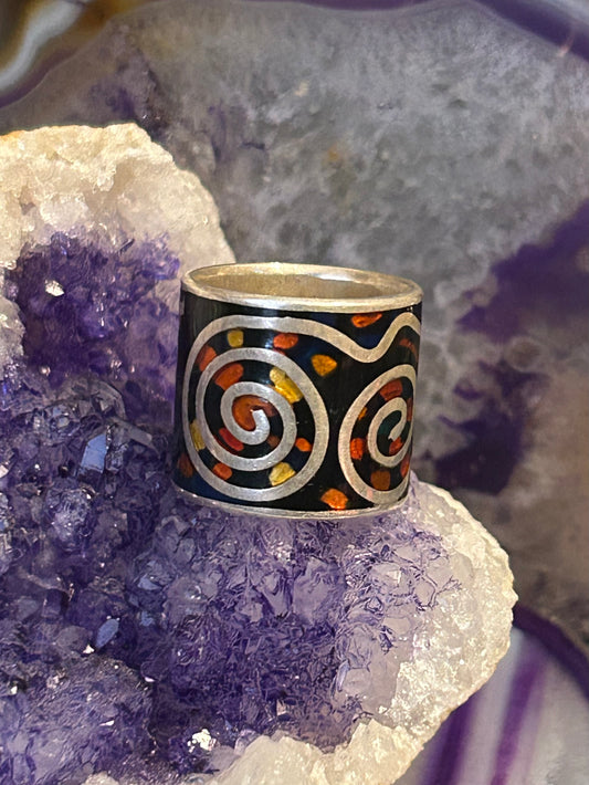 Vintage Sterling Silver Wide Band Colorful Spiral Ring Size 6.5