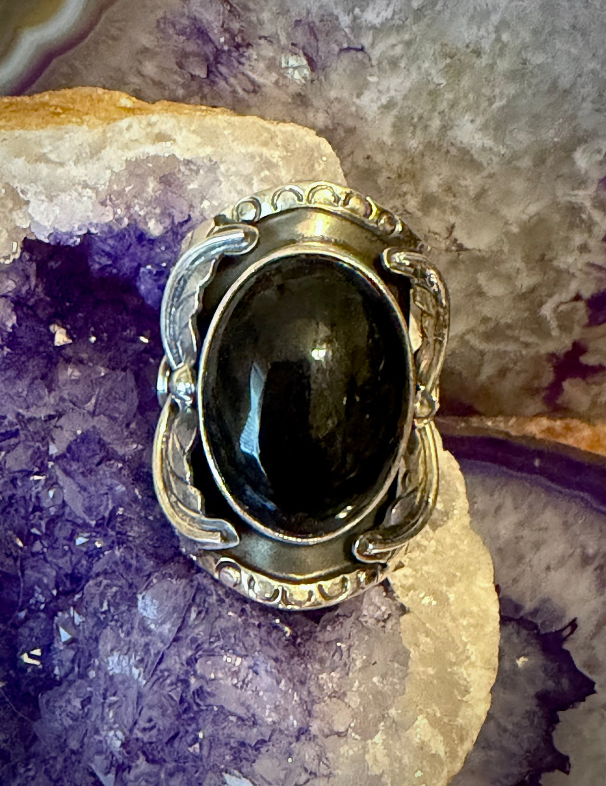 Sterling Silver Modern Taxco Mexico Black Onyx Wide Leaf Ring Size 4-6.5