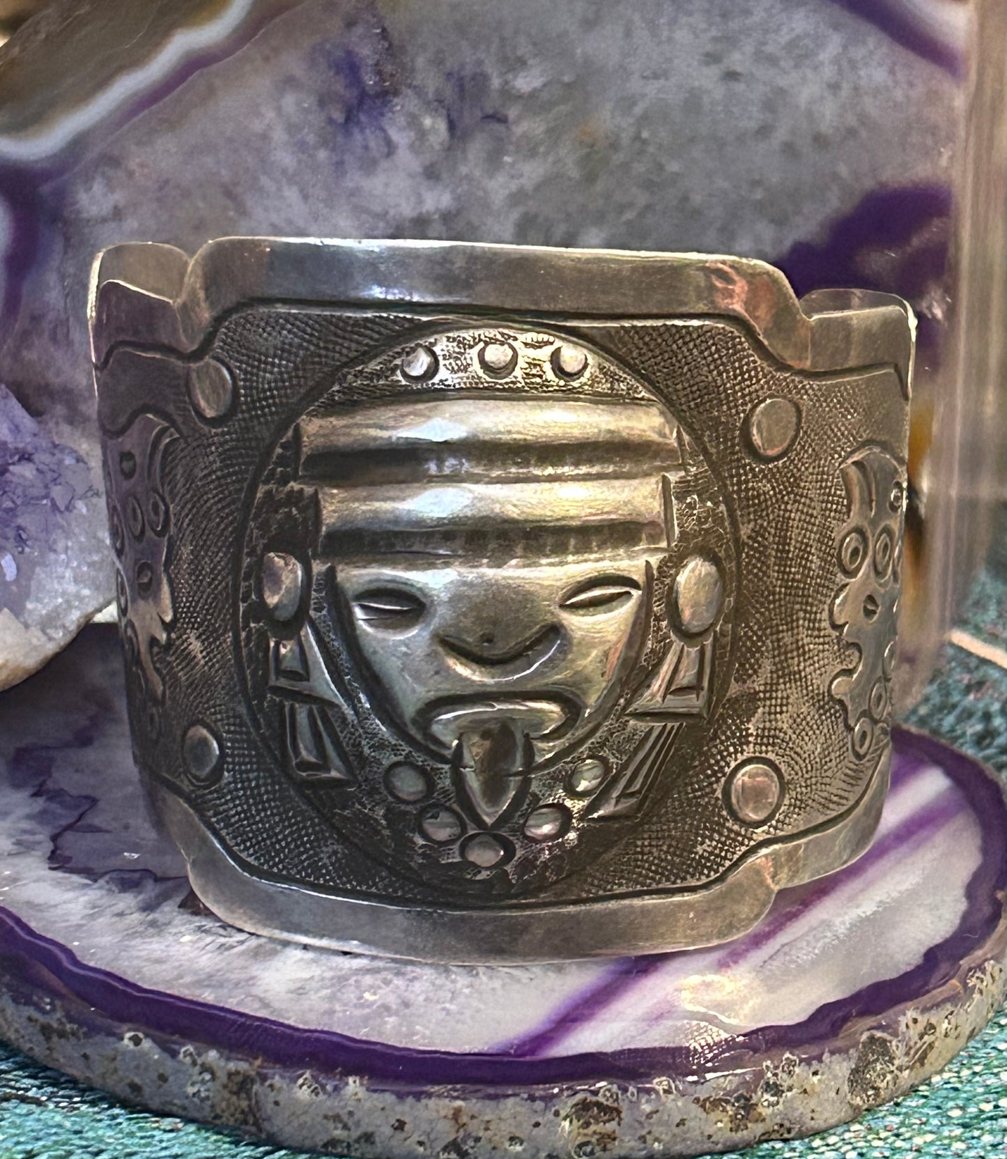 Vintage Sterling Silver 925 Mexico Warrior Mask Cuff Bracelet