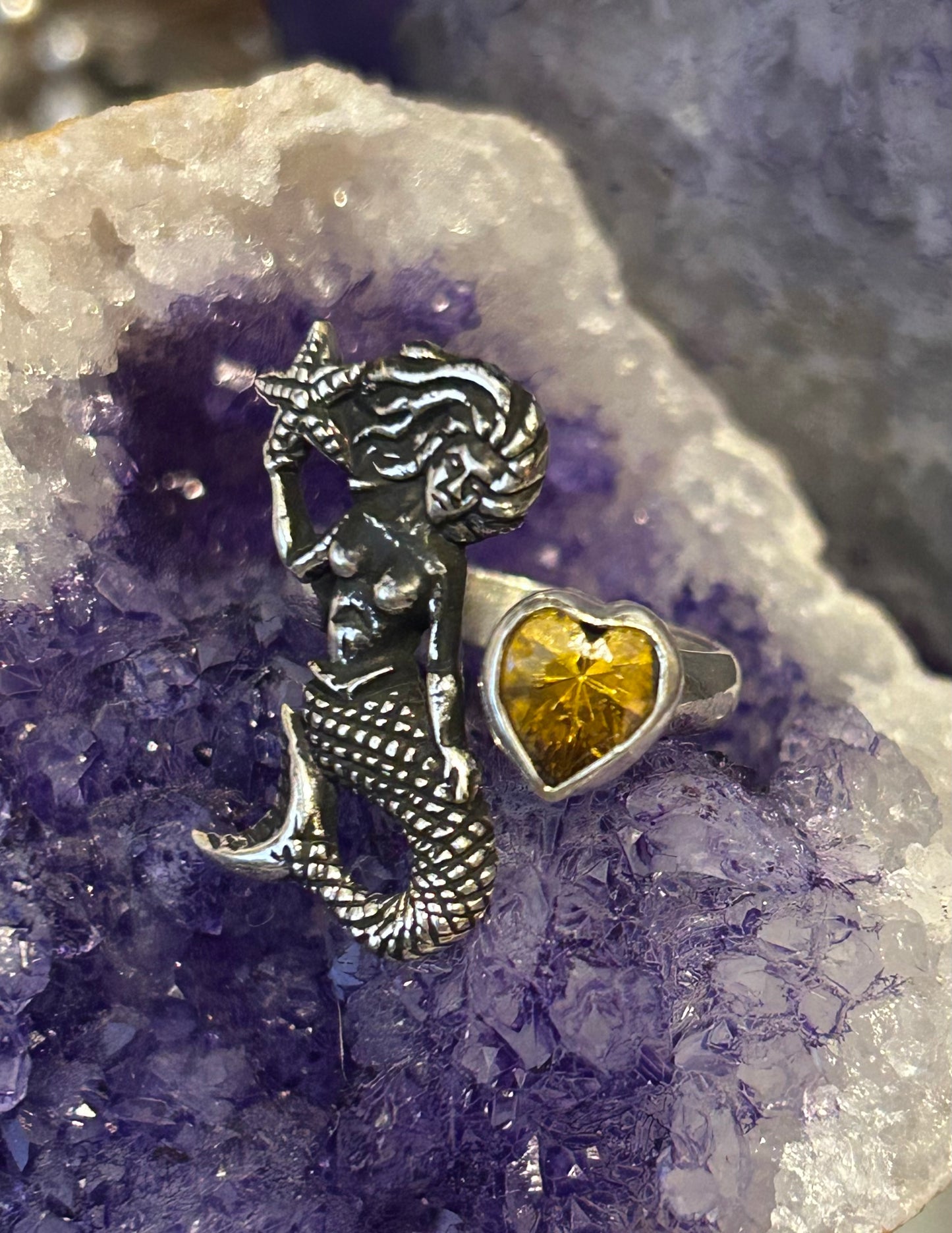 Sterling Silver Taxco Mexico Mermaid & Citrine Zircon Bypass Ring